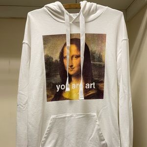 Oversized Mona Lisa You Are Art White Drawstring Hoodie